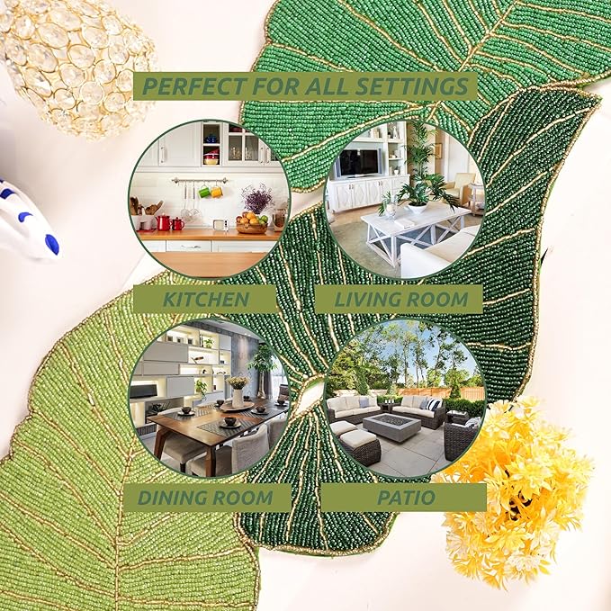 Luxury Beaded Table Runner - 13x36 Inches Handcrafted Leaf Pattern with Glass Beads & Polyester Back - Elegant Table Decor for Dining, Coffee Table & Events (Green) - CLEENTABLE