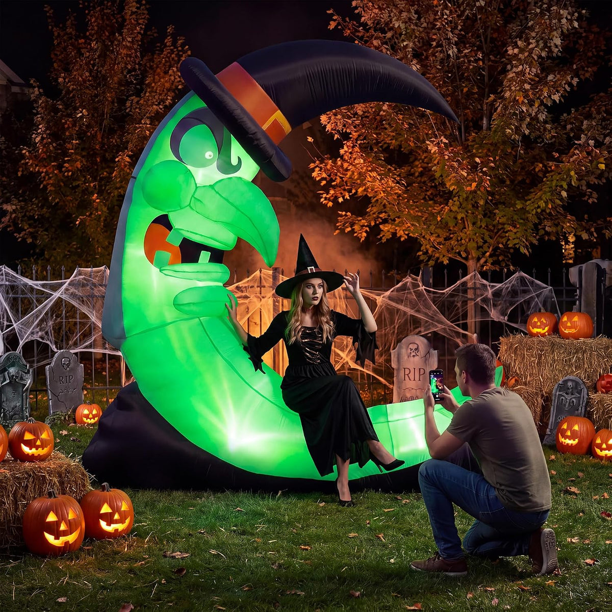 9ft green witch moon halloween inflatables outdoor decorations on a desk or shelf