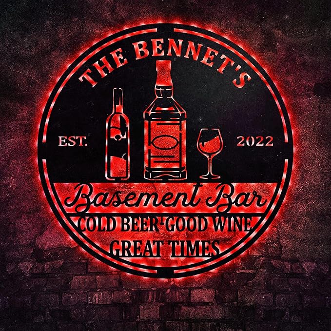 Custom Basement Bar LED Changing Lights Metal Sign, Door Wall Plaque, Rustic Bar Sign, Tasting Room Sign, Man Cave Decorations, Gift for Dad