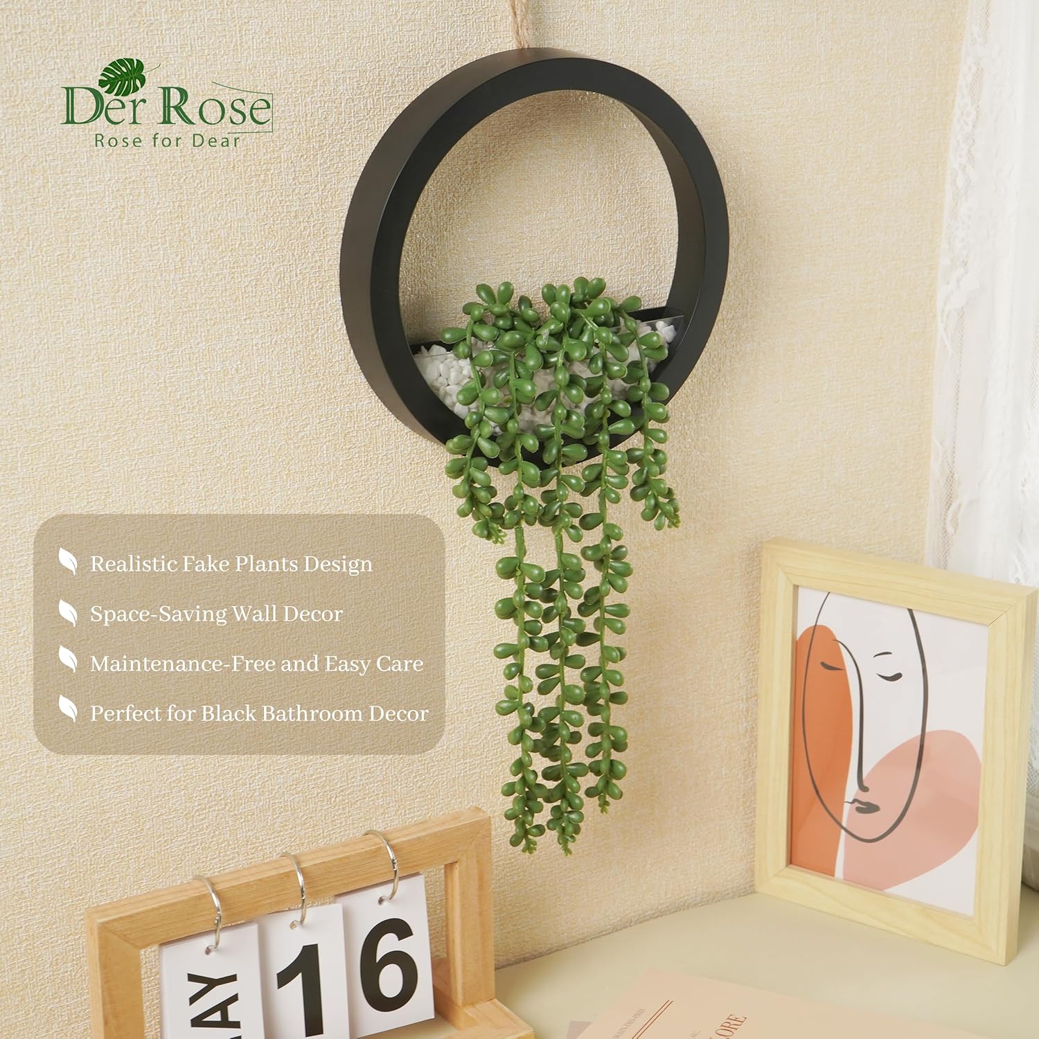 Der Rose 2 Pack Fake Plants Hanging Artificial Succulents Plants in Black Pots for Living Room Bathroom Accessories Boho Farmhouse Wall Decor