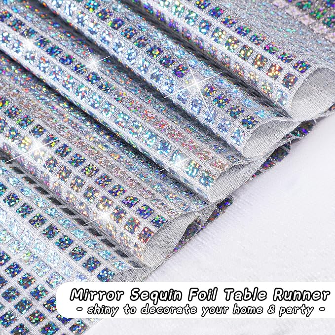 Durony 2 Pack Disco Table Runner 11 x 108 Inch Mirror Silver Laser Glitter Foil Cover With Sparkle Sequin for Bachelorette, 70s, Cowgirl Party Decorations