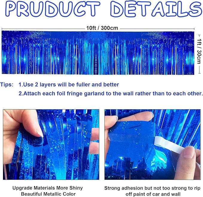 4 Pack 10 Feet Glitter Royal Blue Parade Float Decorations for Trailer Car, Glitter Foil Fringe Metallic Tinsel Streamers Banner Garland for Graduation Weeding Homecoming Birthday Party(Glitter-Blue)
