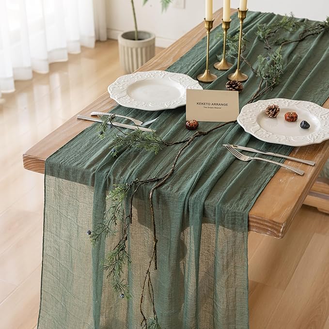 Forest Green Gauze Rustic Cheesecloth Table Runner 120 Inch 10 FT for Wedding Baby Shower Bridal Shower Birthday Engagement Garden Outdoor Party Long Sheer Boho Decorations