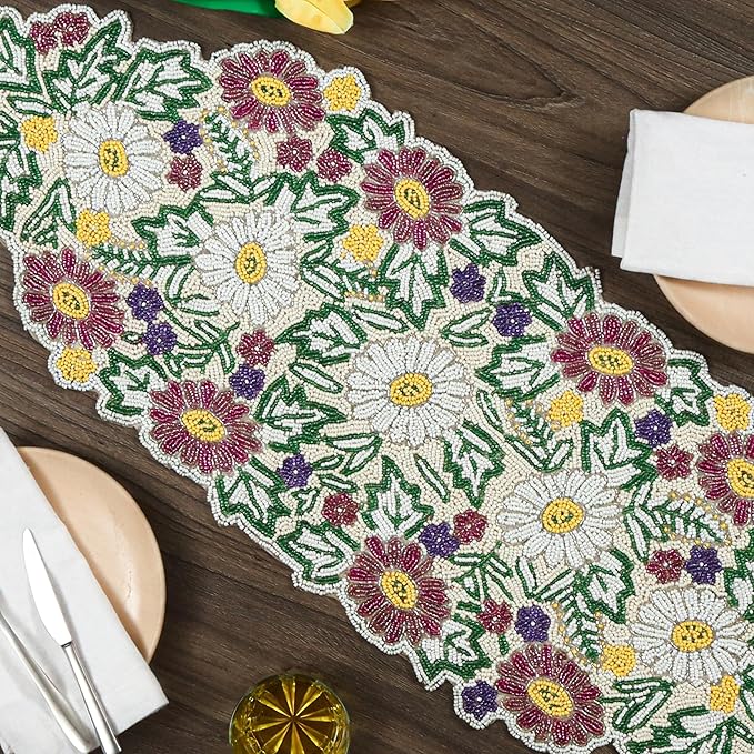 Luxury Beaded Table Runner - 13x36 Inches Handcrafted Spring Floral Design with Glass Beads & Polyester Back - Elegant Table Decor for Dining, Coffee Table & Events (Multi) - CLEENTABLE