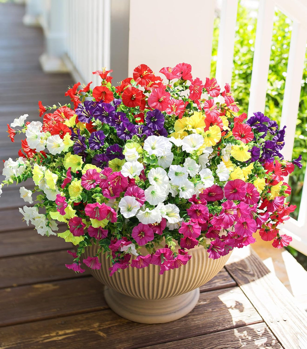 HyeFlora Artificial Flowers for Outdoors Fake Plants Outside Decoration, 12 Bundles Silk Colorful Morning Glory with Eucalyptus UV Resistant Realistic Faux Flowers for Planter Porch Patio Yard Garden