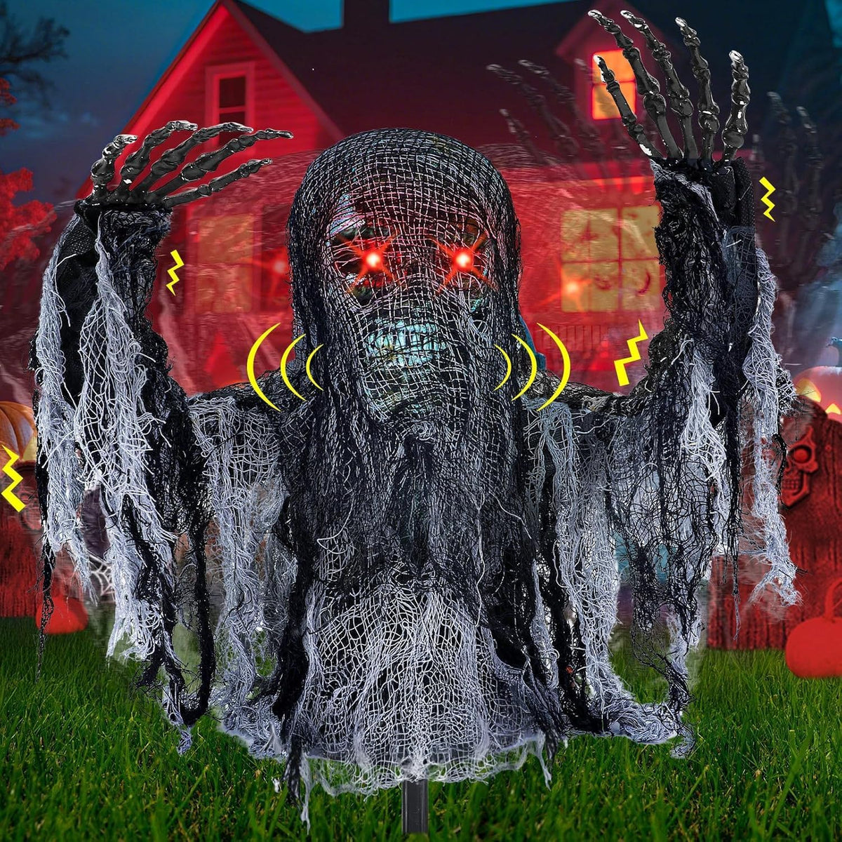 talking zombie groundbreaker halloween animatronic with red eyes, main product view
