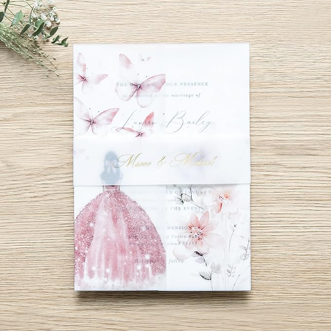 PONATIA 50 PCS Vellum Jackets for 5x7 Invitations - 135GSM Pink Girl Vellum Jacket Sleeves - Butterfly Quinceanera Invitations Wraps for XV Anos