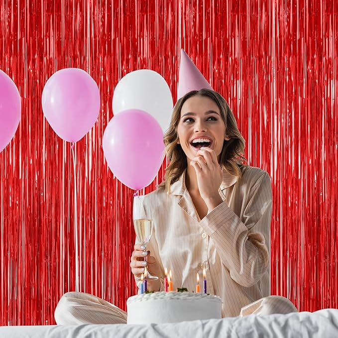 12 Pack Red Curtains, 3.28 FT x 7.05 FT Party Streamer, Metallic Party Backdrop Birthday Streamer Foil Curtains, Fringe Tinsel for Red Party Decor Casino Theme Decorations Party Supplies