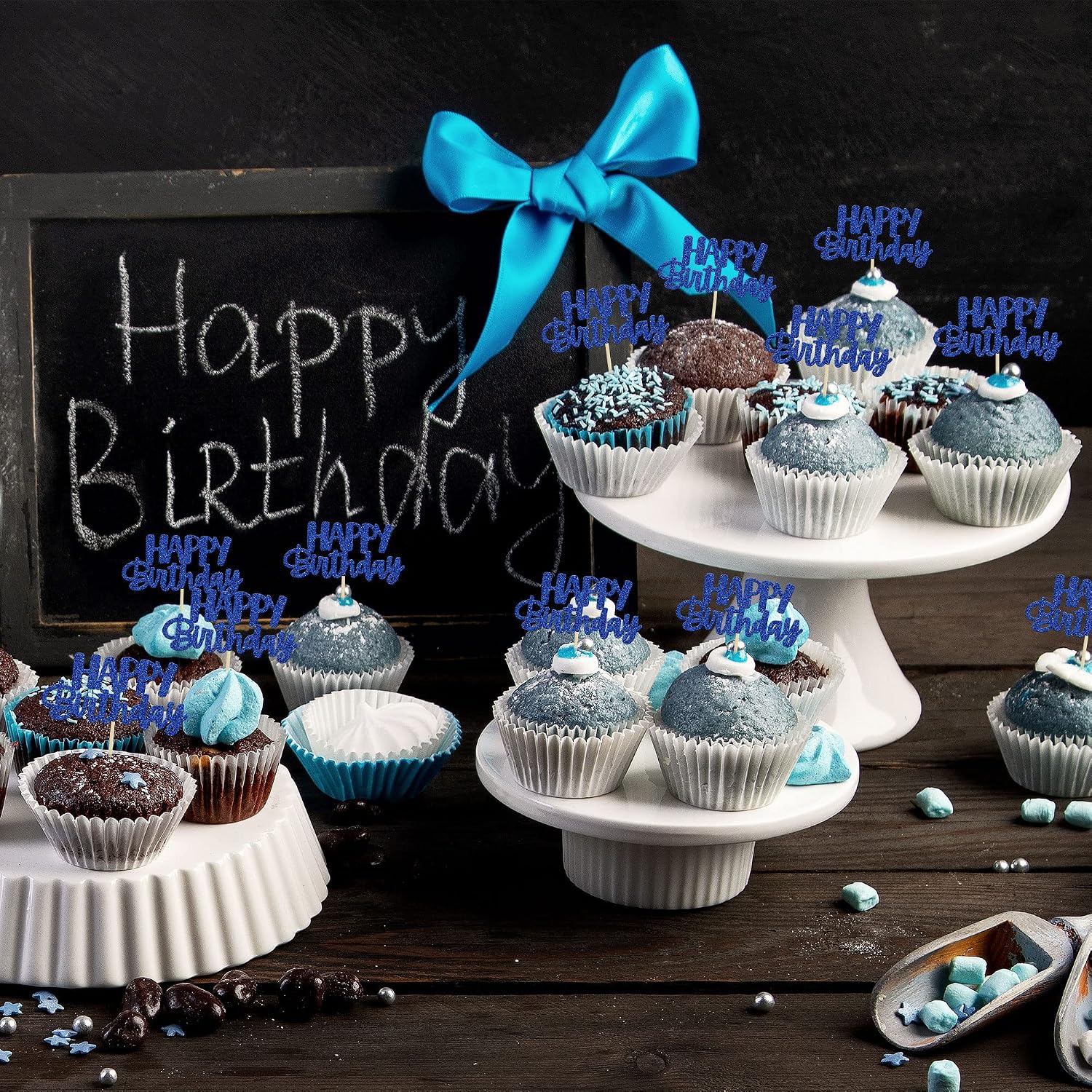 Gyufise 24Pcs Happy Birthday Cupcake Toppers Glitter Cupcake Food Picks for Celebrating Happy Birthday Theme Party Cake Decorations Supplies Deep Blue