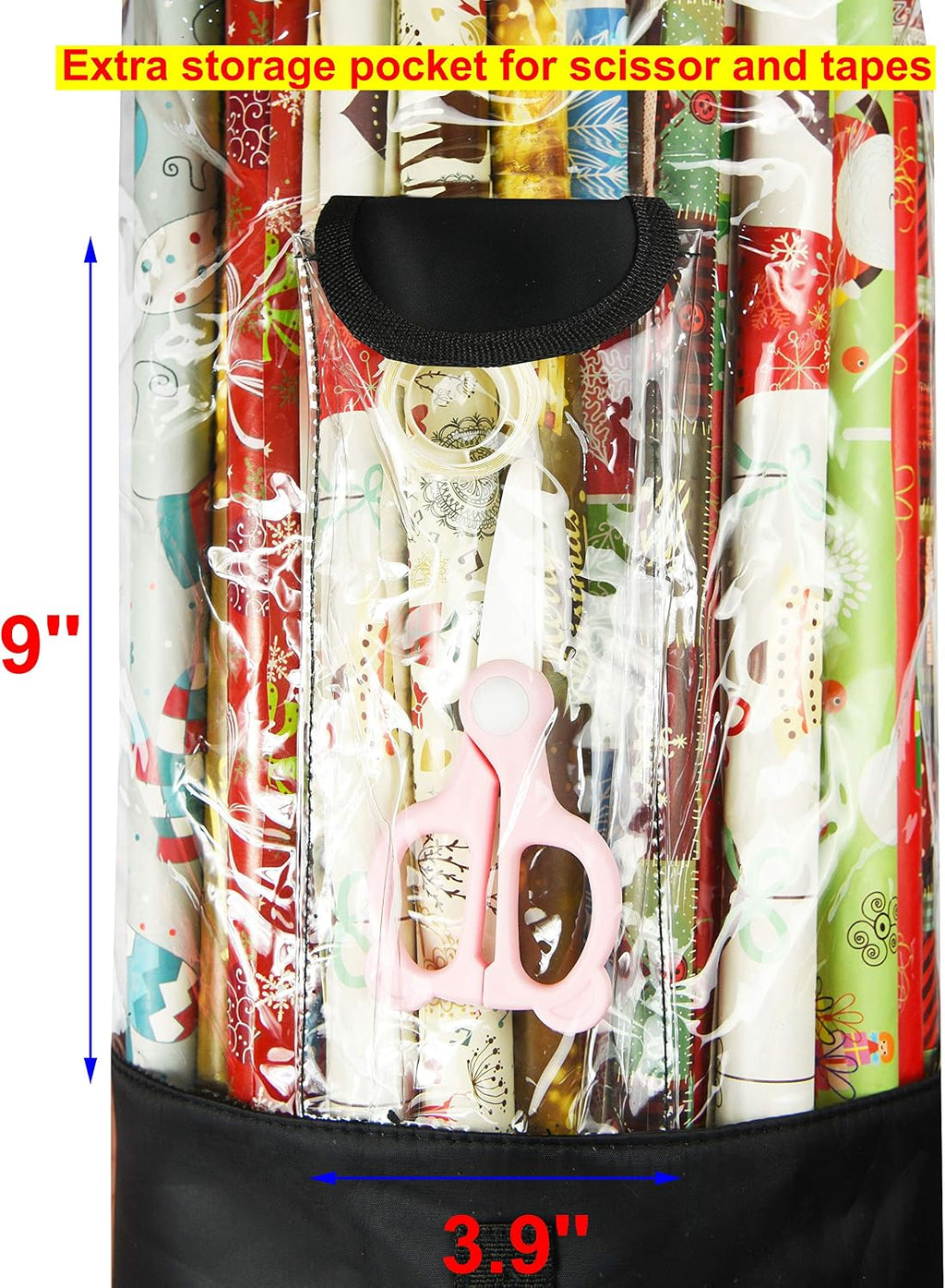 Freegrace Gift Wrap Organizer | Large 9" x 40.9" Wrapping Paper Rolls Storage Bag | Tearproof & Space Saving Under Bed Gift Bag Organization (Black)