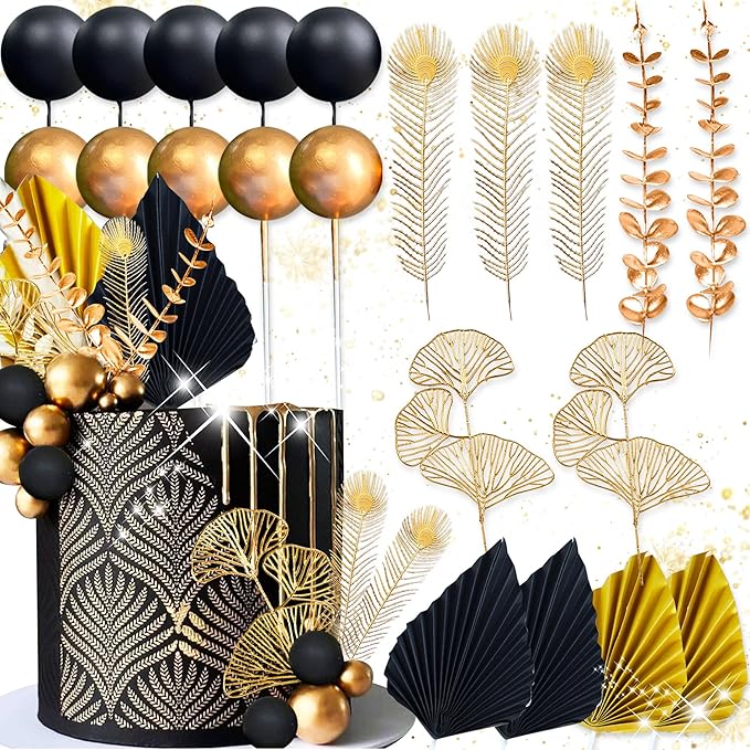 Boho Cake Topper Black Gold Balls Cake Topper Gold Leaves Cake Decorations Prom Cake Decoration Roaring 20s Cake Decoration 1920s Party Supplies Balls Cake Decorations