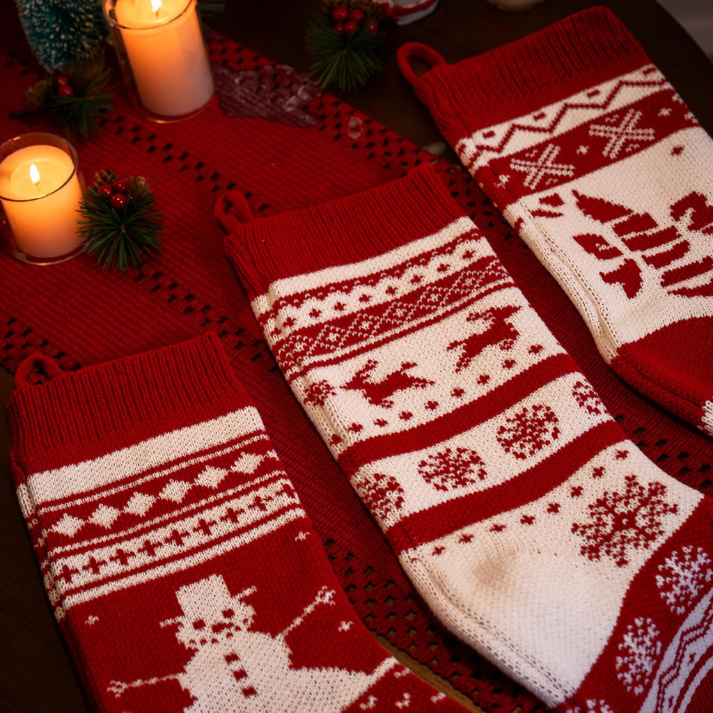 JOYIN 3 Pack 18" Knit Christmas Stockings, Burgundy/White Knitted Large Rustic Yarn Xmas Stockings, Snowflakes/Snowmen/Reindeers Character for Family Holiday Decorations, Wall, Staircase Decoration