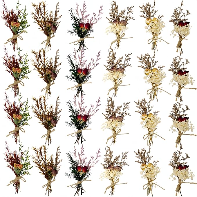 CROISSANT Mini Dried Flower Bouquet 24PCS, Mixed Natural Mini Dried Flowers Bundles,Dried Flower Mixed Bouquet Suitable for Handmade DIY Greeting Card Decoration,Multi-Purpose Craft Flowers