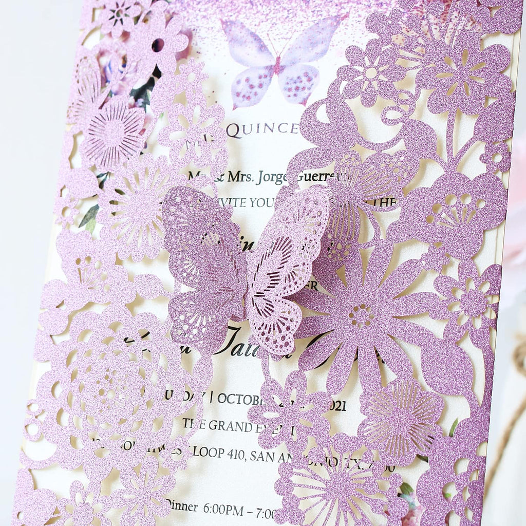 Hosmsua 20PCS 5.12 x 7.3 Blank Purple Quinceanera Invitation Kit with Butterfly Laser Cut Lace Flora Invitations for Wedding Quinceañera Sweet 16 Birthday Wedding Invitation (Purple Glitter)