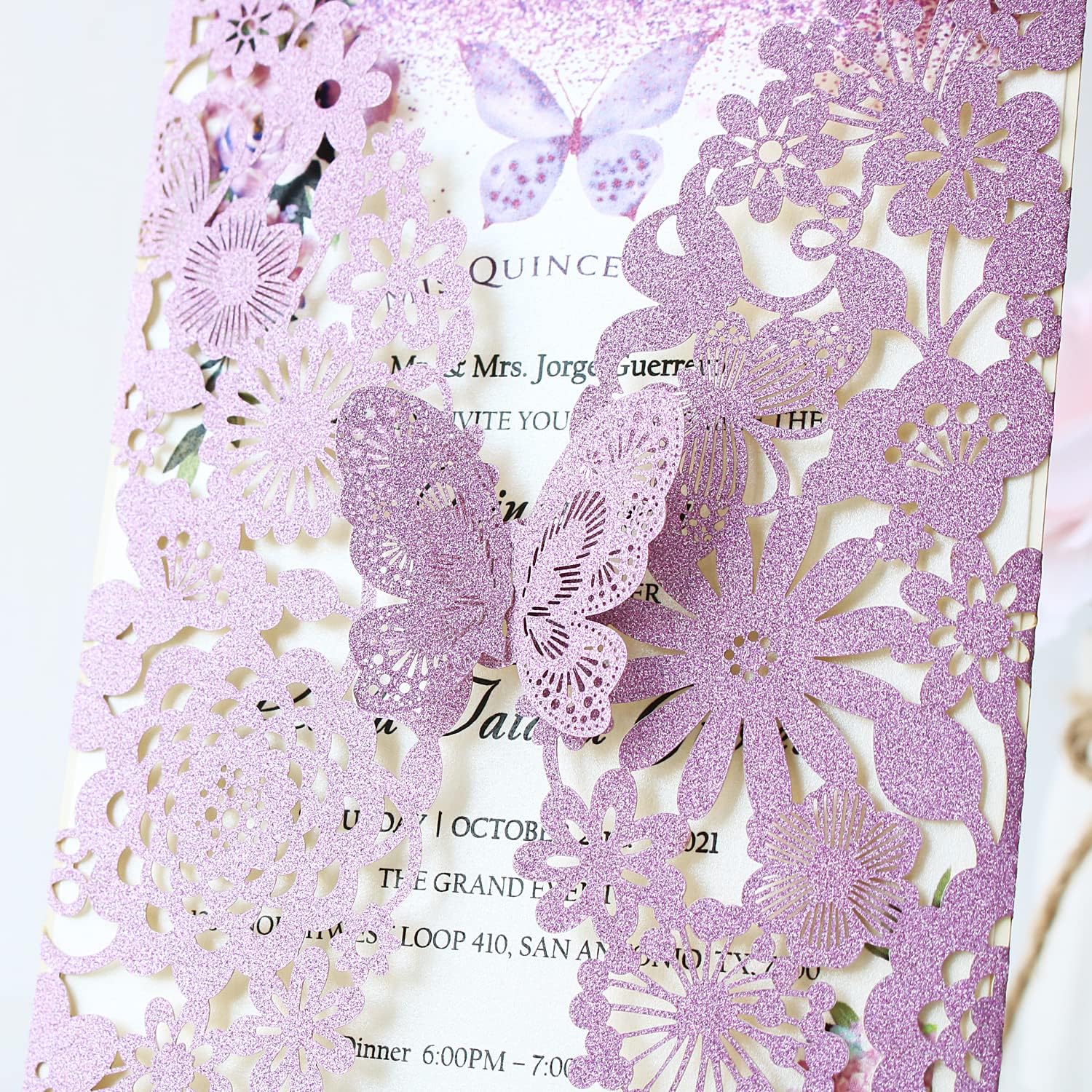 Hosmsua 20PCS 5.12 x 7.3 Blank Purple Quinceanera Invitation Kit with Butterfly Laser Cut Lace Flora Invitations for Wedding Quinceañera Sweet 16 Birthday Wedding Invitation (Purple Glitter)