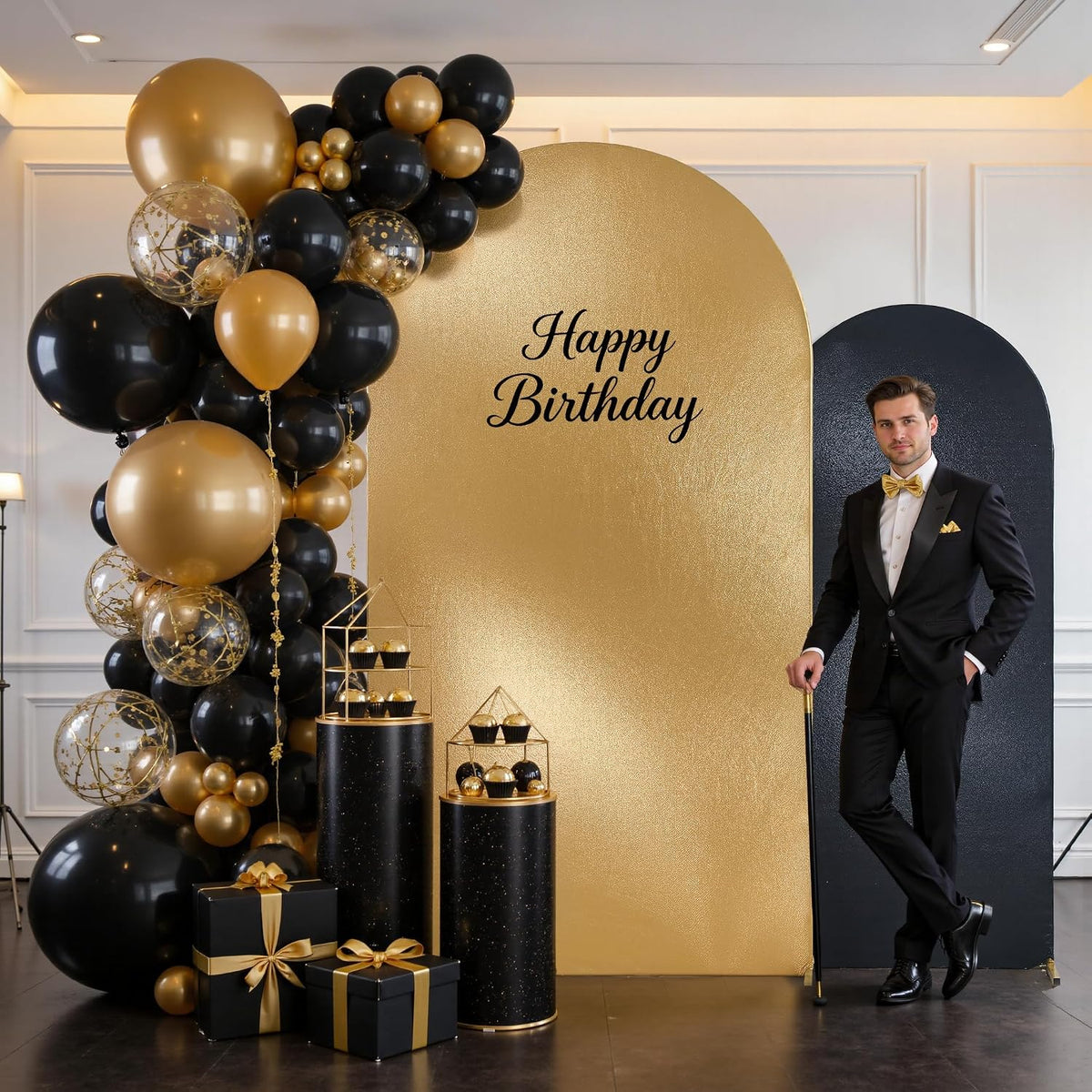 7.2ft gold and 6ft shimmer black arch backdrop shown in use