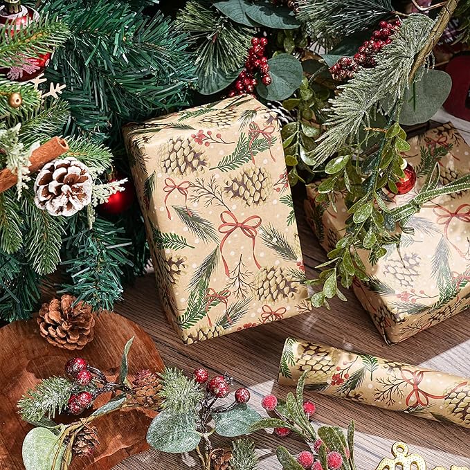 RUSPEPA Kraft Christmas Wrapping Paper Roll, Mini Roll, Pinecone and Greenery Design with Red Bow and Snowflake, Kraft Gift Wrap Paper for Christmas, Holiday, Winter Party, 17 Inches x 16.4 Feet