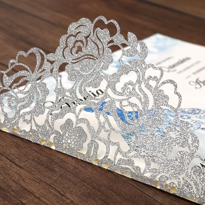 DORIS HOME 50pcs Laser Cut Quinceanera Invitation Pockets with Envelopes Silver Glitter, 5.12" x 7.12"Invitation Cards for Birthday, Miss 15, Sweet 16 (No Inserts Included)