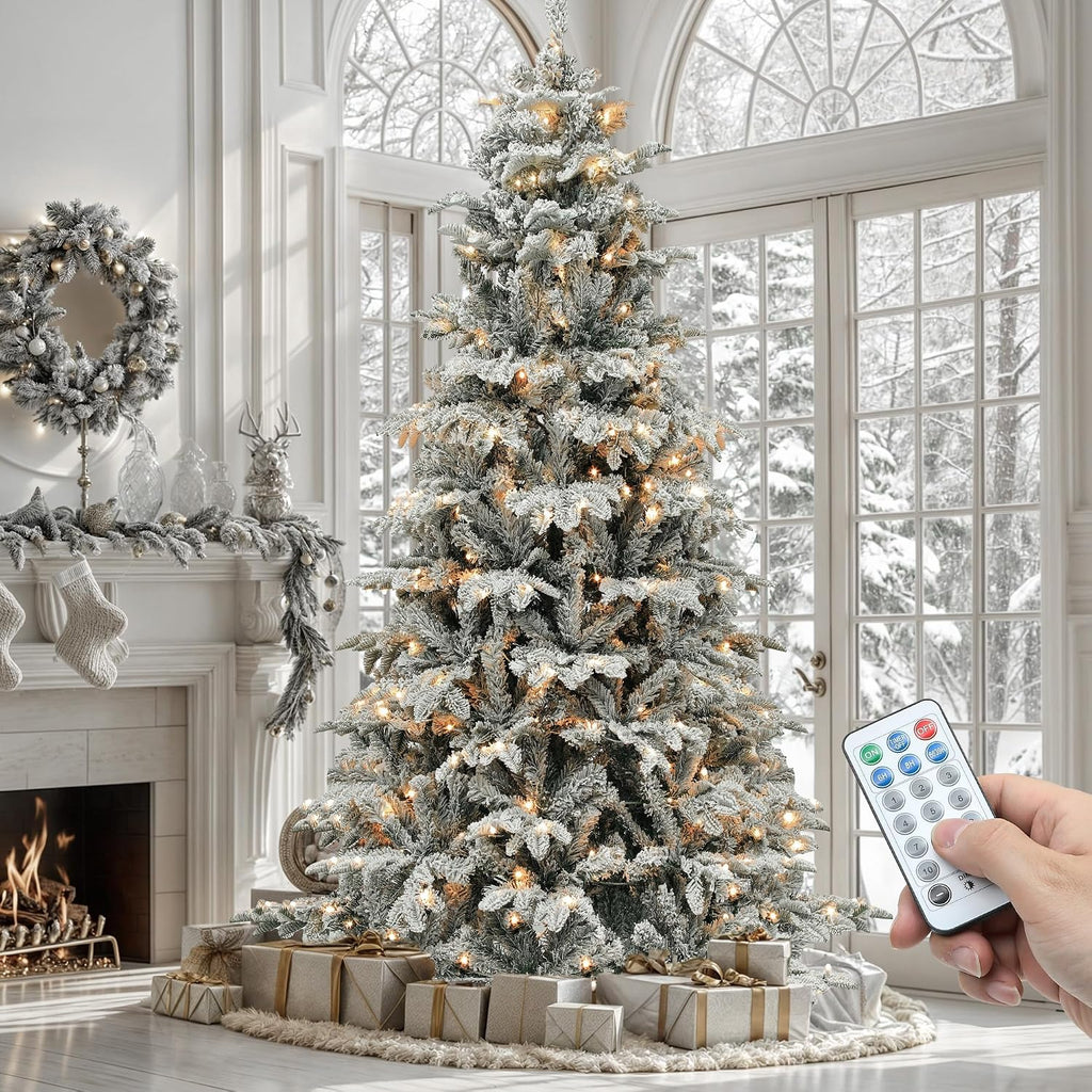 yitahome 7.5ft prelit natural layered flocked christmas tree, main product view