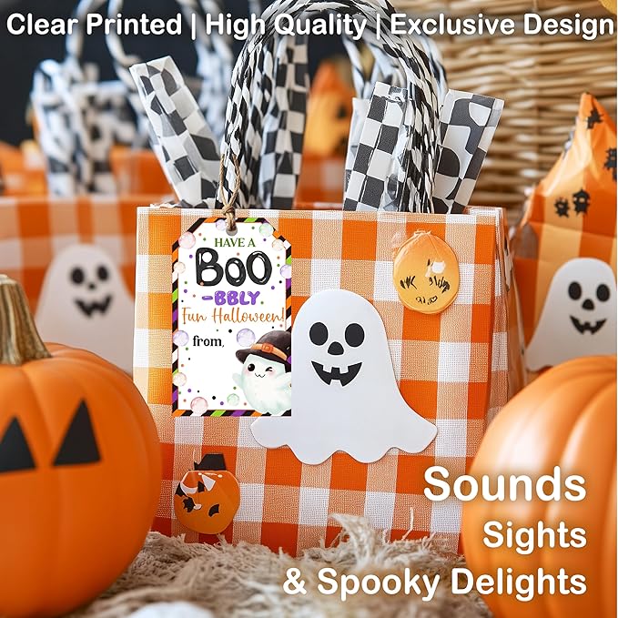 50 Pcs Halloween Tags with String, 2.1"×3.5" Ghost Paper Gifts Tags, Boo Trick or Treat for Candy, Halloween Gifts Tag Wrap for Party Favor - B07