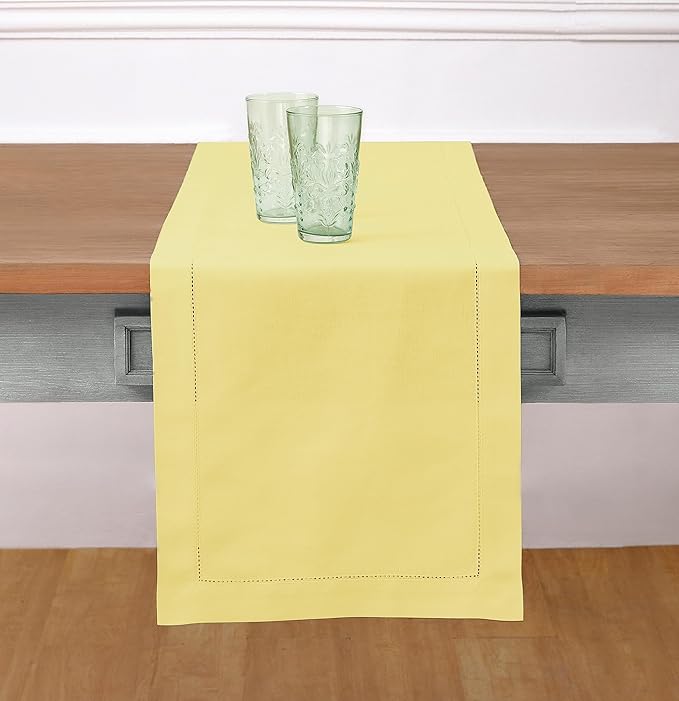 Solino Home Yellow Table Runner 36 Inches - Cotton Linen Hemstitch Coffee Table Runner 14 x 36 Inch Ideal for Dresser Tables