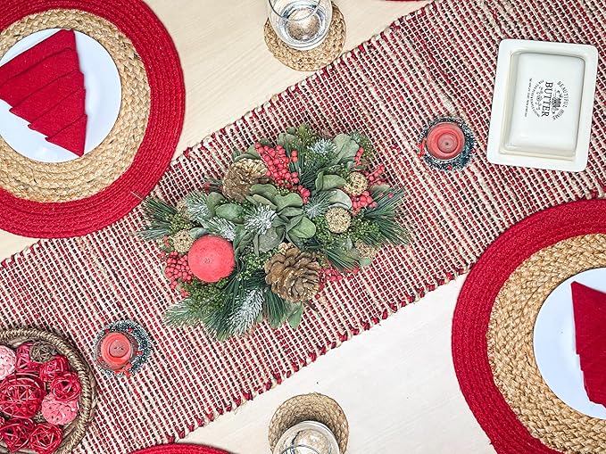 Chardin home Natural Jute Table Runner 13x48 Inch – Vintage Boho Rustic Table Decor – Handwoven Table Runner in Natural Jute and Red – Farmhouse Dining or Console Table Accent