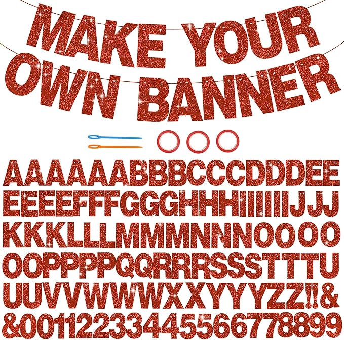 BEISHIDA 116 PCS A-Z Glitter Red DIY Letter Banner Kit Make Your Own Banner，Including 111 Letters and Numbers 3 Rope and 2 Threading Device,Customized for Birthday Graduation Wedding Party Decor