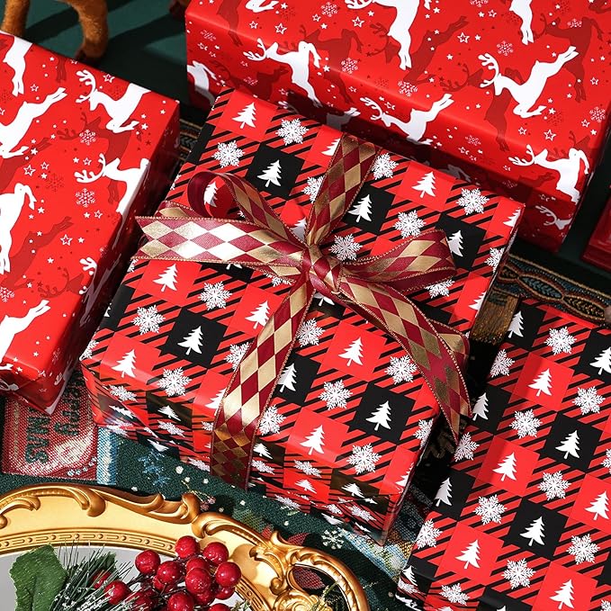 Ulmasinn Reversible Christmas Wrapping Paper Roll - 17" x33ft Double-Sided Designs with Red Nordic Reindeer & Geometric Snowflake, Xmas Gift Wrap for Presents, Table Decor & Crafting