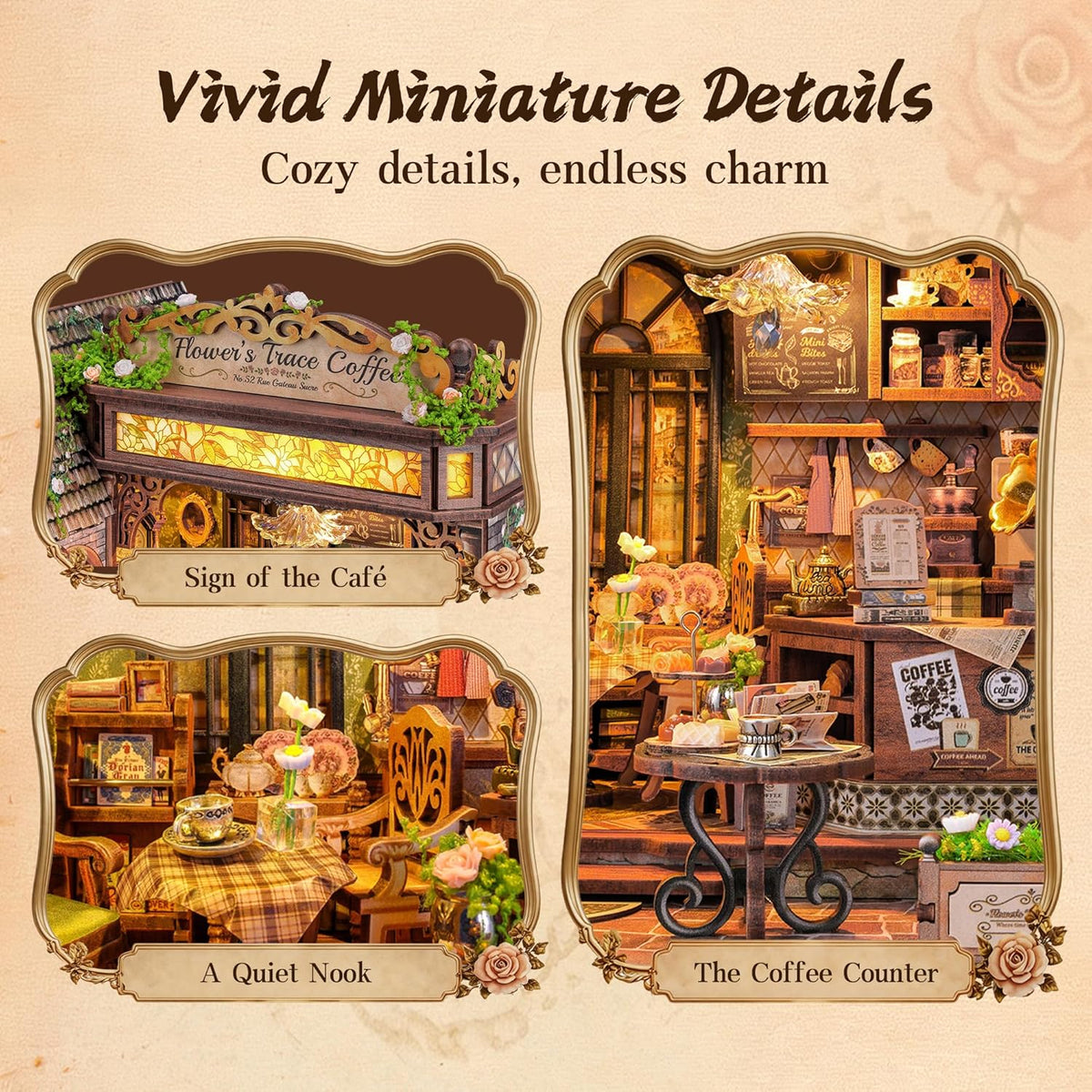funpola floral mark café diy miniature dollhouse, 3d, close-up detail