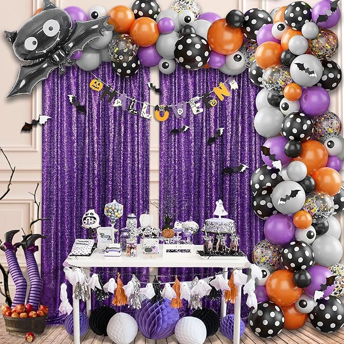 Purple Sequin Backdrop 2 Panels 2FTx8FT Glitter Halloween Party Backdrop Curtains Photo Background for Wedding Baby Shower Stage Decorations