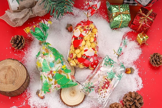 LOKIQNG 150PACK Christmas Cellophane Bags Treat Cookie Gift Bags with Twist Ties for Christmas Party Favors(150PACK, 5x10inch)