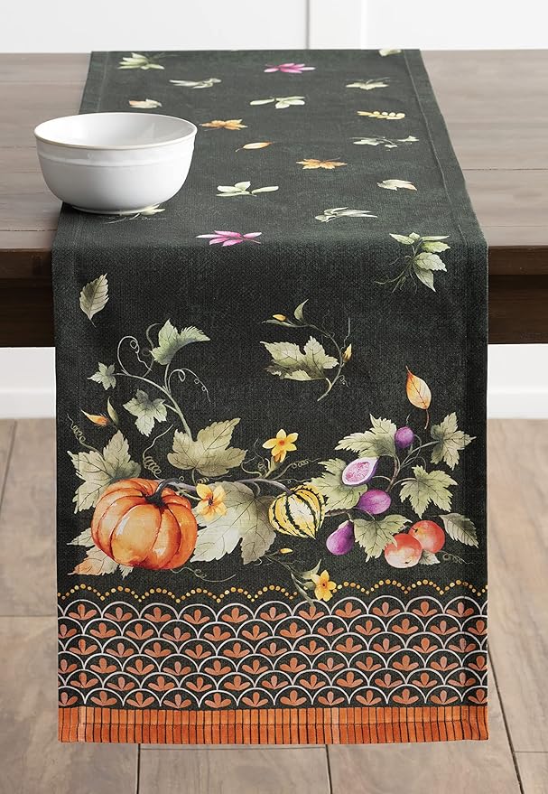 Maison d' Hermine Table runner 100% Cotton Single Layer Table Runners 72 inches long for Thanksgiving Christmas Decorations Home Kitchen Dining Party Wedding (Pumpkin Garden - Dark Green, 14.5" x 72")