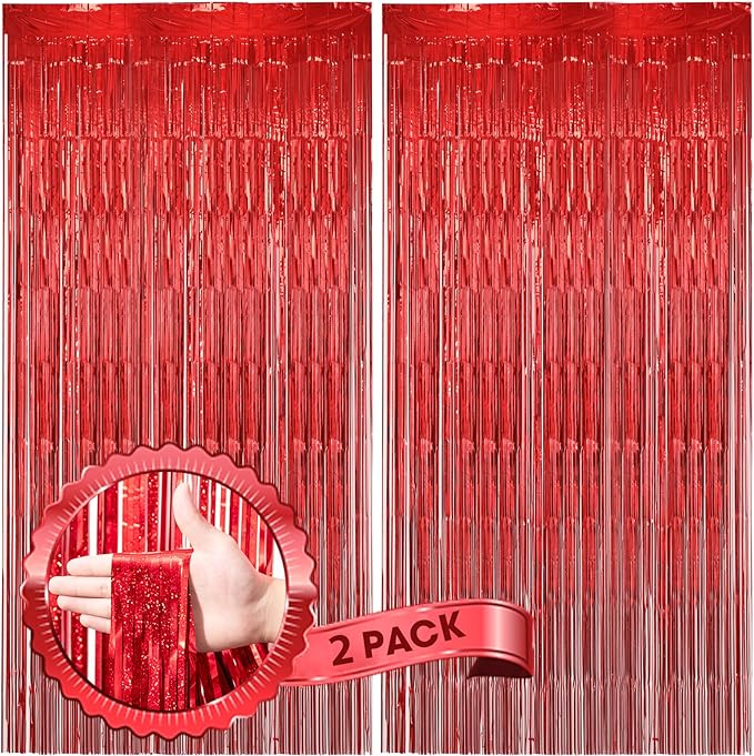 2 Pack Laser Red Foil Fringe Backdrop Curtains, Tinsel Streamers Birthday Party Decorations, Fringe Backdrop for Graduation, Baby Shower, Gender Reveal, Disco Party