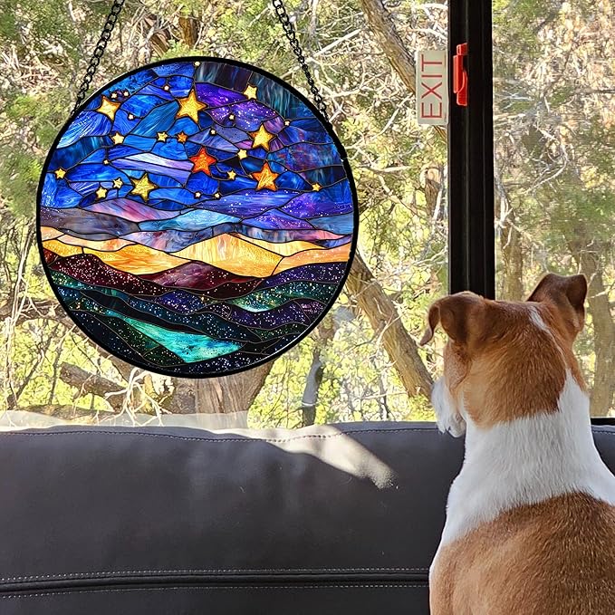 Stained Glass Window Hanging, Blue Sky Gold Stars Abstract Landscape Suncatcher for Doors Window Home Sun Catchers Decor Mother's Day Birthday Gifts for Women, Men Mom 15 in