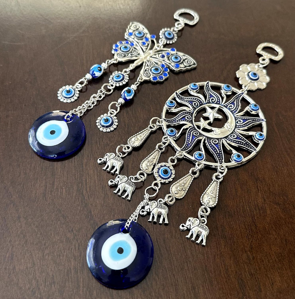 Betterdecor Turkish Blue Evil Eye Hanging Ornament, Butterfly & Sun Moon