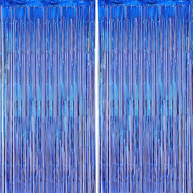 2 Pack Blue Foil Fringe Backdrop Curtains, Tinsel Streamers Party Decorations, Fringe Backdrop for Graduation, Disco Party