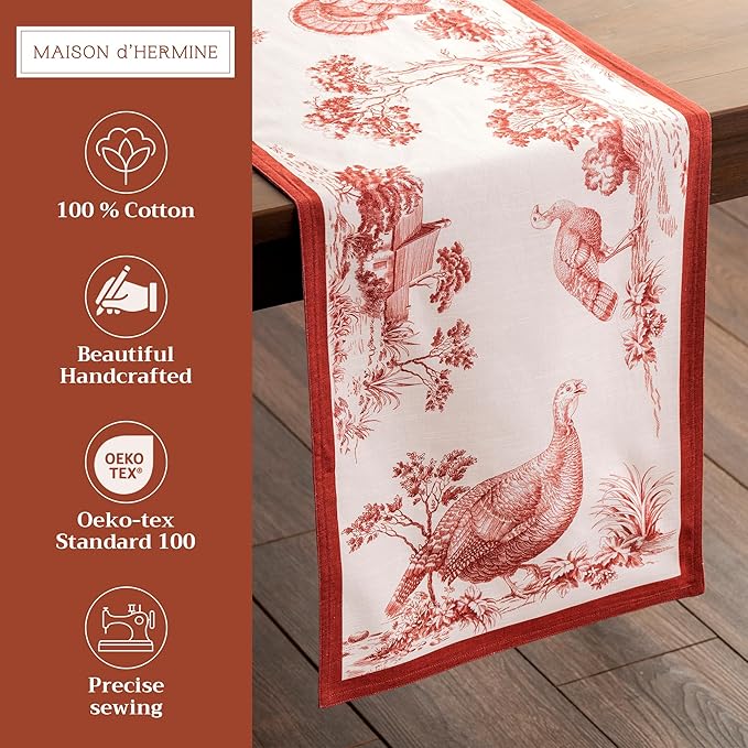 Maison d' Hermine Table Runner 100% Cotton Double Layer Table Runners 72 inches Long for Thanksgiving Christmas Decorations Home Kitchen Dining Party Wedding (Holy Jouy - Red, 14.5" x 72")
