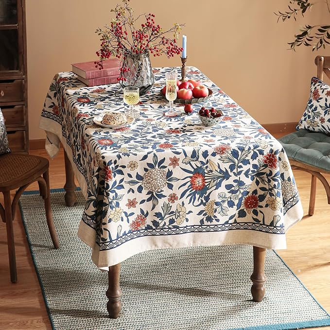 patdrea Designer Blue Tablecloth for Rectangle Table,Vintage Linen with Leaves and Floral Pattern Tablecloths,Farmhouse Decor Cover for Kitchen Dining Christmas,Thanksgiving,55"x87"-Ivar a