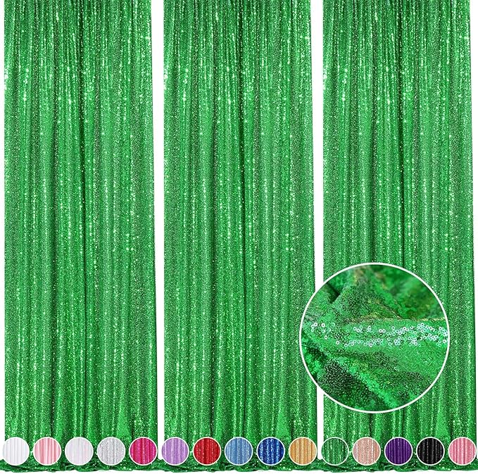 Sequin Curtains Christmas Backdrop 3 Panels Sequin Fabric 2FTx8FT Green Photography Background Wedding Photo Booth Backdrop