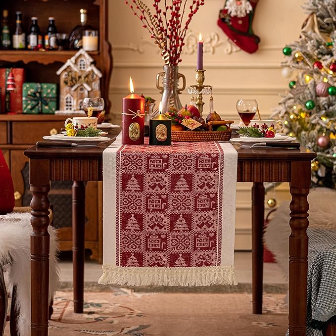 Table Runners 63 Inches,Christmas Tree Table Runner with Tassel Fringe,Gift Table Runner for Party，Coffee Table, Festival