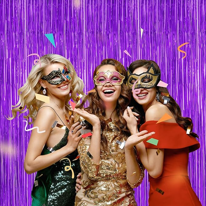 2 Pack Backdrop Curtains, 3.28 FT x 7.05 FT Purple Tinsel Backdrop, Metallic Purple Backdrop Fringe Curtains Foil Streamer, Party Supplies Photo Props for Anniversaires Wedding Party
