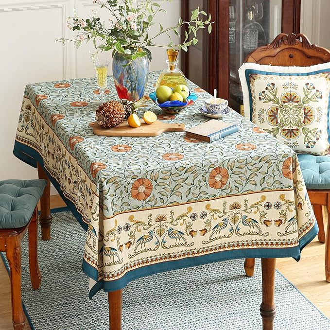 patdrea Designer French Linen Blue Tablecloth for Rectangle Table,Vintage Floral Table Cloth,Colorful Decoration Fall Cover Kitchen Dining for Thanksgiving,Tea Party,Christmas,67"x118"-Wensel