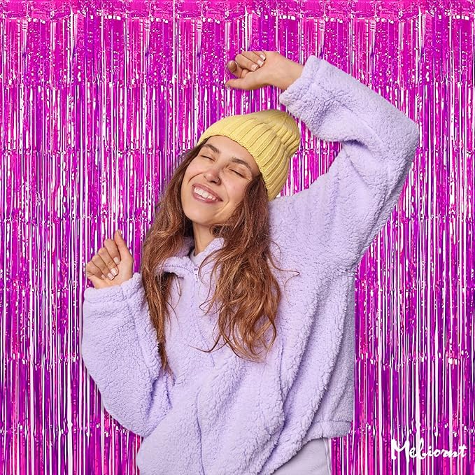 4 Pack Fuchsia Fringe Curtain Backdrop, 3.2Ft x 6.6Ft Metallic Tinsel Foil Fringe Streamers Curtains Background for Photo Booth Birthday Wedding Baby Shower Party Thanksgiving Christmas Decorations