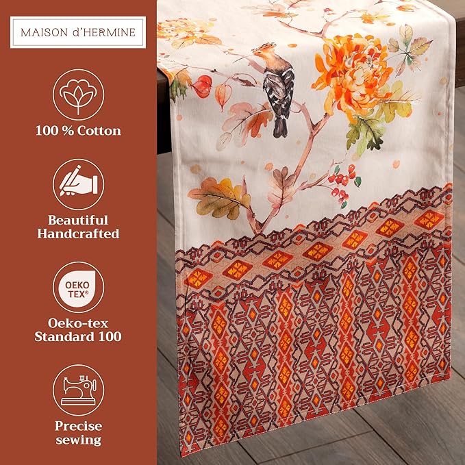 Maison d' Hermine Table Runner 100% Cotton Double Layer Table Runners 72 inches Long for Thanksgiving Christmas Decorations Home Kitchen Dining Party Wedding (Kelim - Prairie, 14.5" x 72")