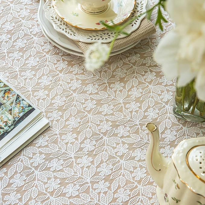 Lace Tablecloth Leaf Pattern Warp Knitting Fabric Solid White Rectangle/Oblong Table Cover for Kitchen Dining Farmhouse Wedding Party Decor Ivory, 52x70 Inch
