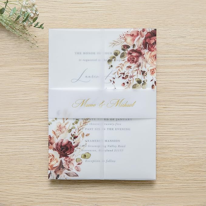 PONATIA 50PCS Vellum Jackets for 5x7 Invitation Cards- 135GSM Burnt Orange Floral Printed Vellum Sleeves, Quinceanera Wedding Invitation Cards Wraps, Transparent Christmas Gift Cards Jackets