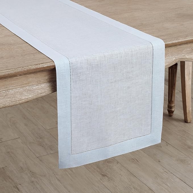 Solino Home Linen Light Blue Table Runner 108 Inches Long - 100% Pure Linen 14 x 108 Inch Table Runner - Classic Hemstitch