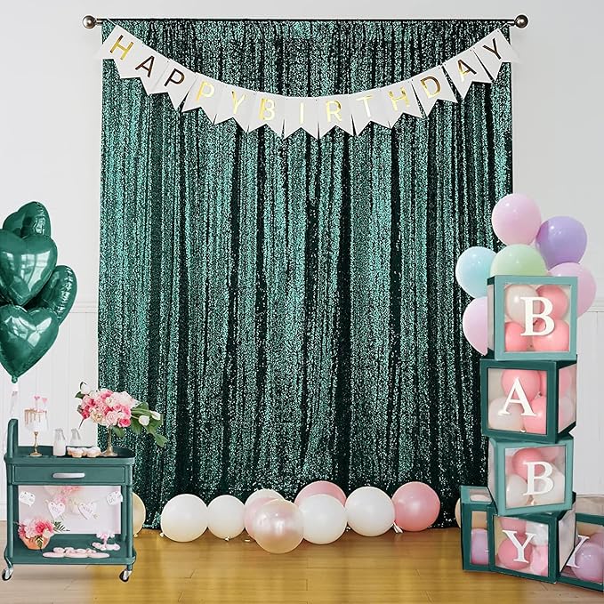 Sugargirl Dark Green Sequin Backdrop Curtain 2 Panels 2FTx8FT Glitter Dark Green Background Drapes Sparkle Photography Backdrop for Party Wedding Birthday Wall Decoration