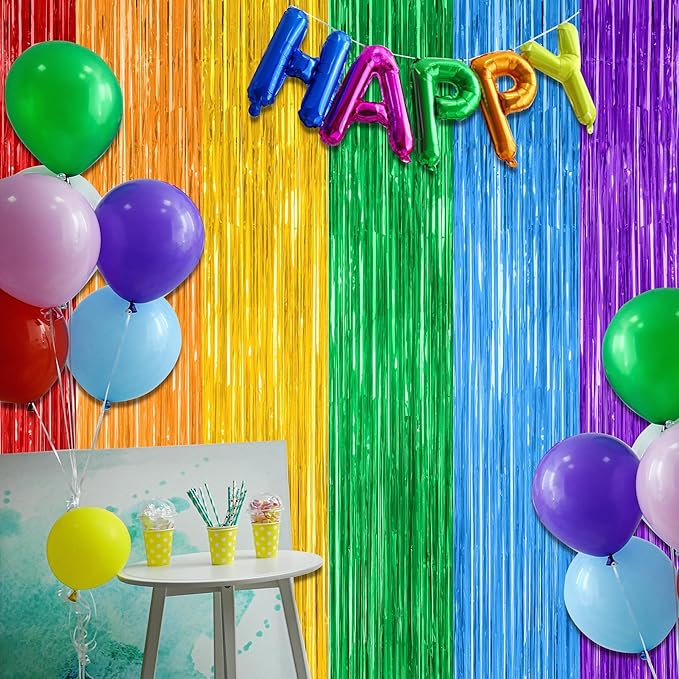 4 Pack Pride Decorations, 3.28 FT x 7.05 FT Rainbow Backdrop, Metallic LGBT Party Decor Foil Tinsel Party Streamer Backdrop Curtains, Rainbow Curtains Birthday Photo Booth Props