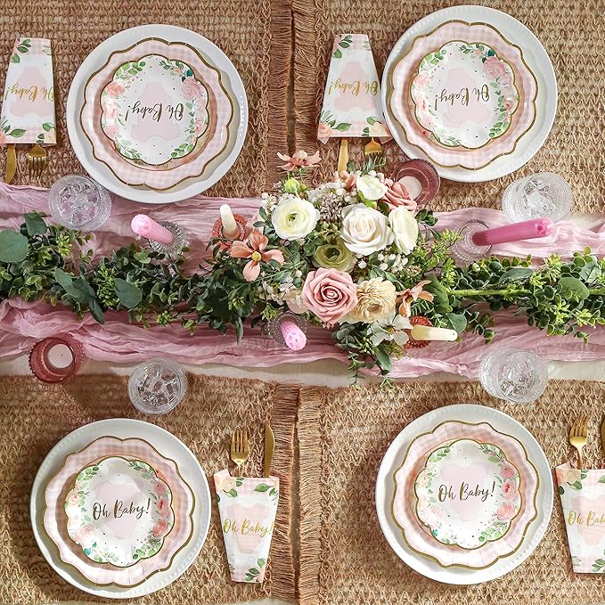Kate Aspen Baby Shower Onesie Pink Floral & Gingham Tableware Set - 62pc. 16pcs 7 inch & 16pcs 9 inch Heavy Duty Disposable Party Plates, 30pcs 6.5 inch Durable Paper Napkins